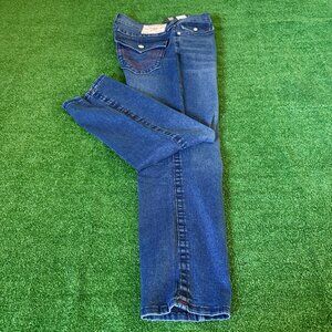 True Religion GENO Relaxed Slim Red Stitched Big T Flap Dark Jeans Sz 34x30 NWT